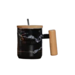Marble Black Sweet Mug with Wooden Lid and Handle