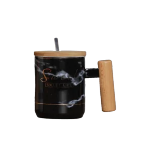 Marble Black Sweet Mug with Wooden Lid and Handle