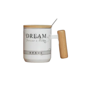 Marble White Dream Mug with Wooden Lid and Handle