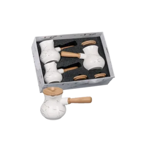 Momaz 3Pcs White Marble Coffee Pots Set with Wooden Lids