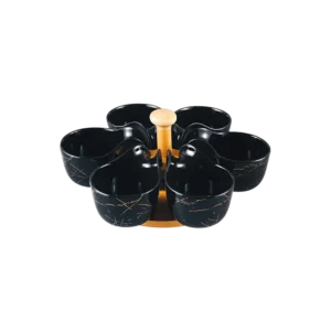Momaz 6Pcs Round Black Marble Cups with Wooden Stand