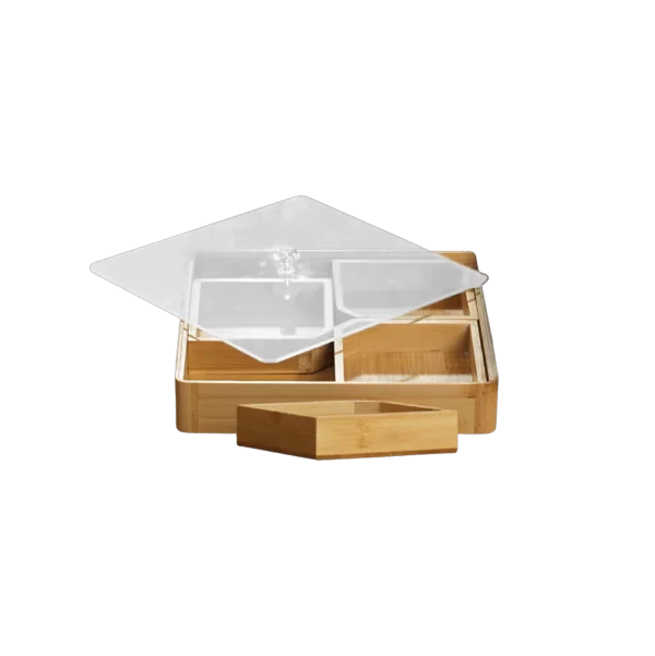 Wooden 4 Sections Serving Tray With Transparent Lid