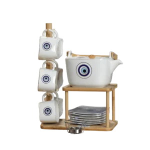 Momaz Blue Eye Marble Tea Set with Wooden Stand