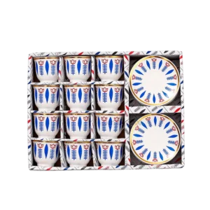 Momaz 12Pcs White & Blue Bedouin Design Coffee Cups with Dishes