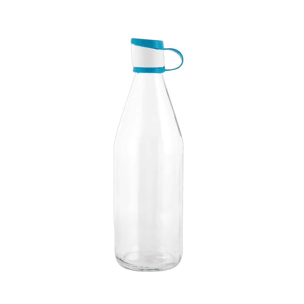 Transparent 1L Glass Bottle with Blue Lid