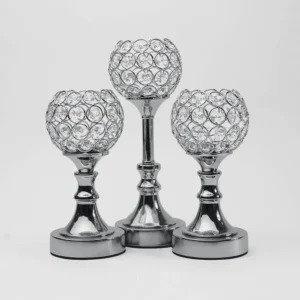 Décor Silver 3 Pcs Round Crystal Candle Holder Set