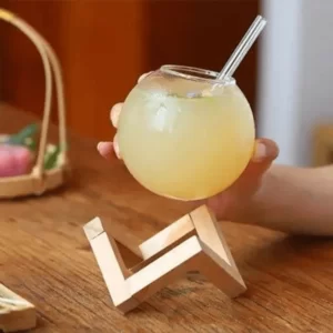 Transparent Round Cup With Straw & Wooden Stand1