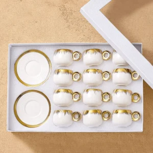 Momaz 12Pcs White & Gold Porcelain Coffee Cups Set with Round Dishes1