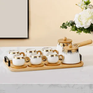 Momaz 6Pcs Porcelain Coffee Cups Set with Coffee Pot & Wooden Tray1