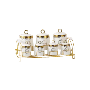 Momaz 7Pcs Porcelain White & Gold Spice Jars Set wih Golden Stand