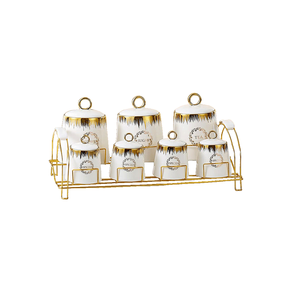 Momaz-7Pcs-Porcelain-White-&-Gold-Spice-Jars-Set-wih-Golden-Stand