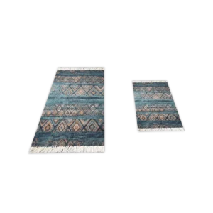 Turkish 2Pcs Beige & Blue Carpet Set