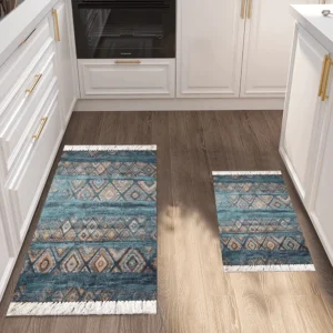 Turkish 2Pcs Beige & Blue Carpet Set1