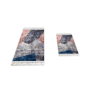 Turkish 2Pcs Grey & Blue Designed Carpet Set