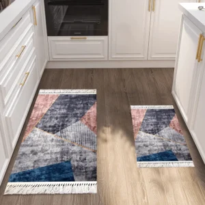Turkish 2Pcs Grey & Blue Designed Carpet Set1