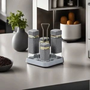 Momaz 4Pcs Gold & Grey Granite Spice Jars Set with Stand1