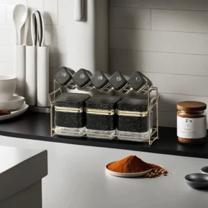 Momaz 8Pcs Gold & Black Granite Spice Jars Set with Stand1
