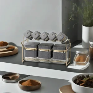Momaz 8Pcs Gold & Grey Granite Spice Jars Set with Stand1