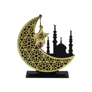 Ramadan 20x15cm Black & Gold Crescent with Mosque Stand