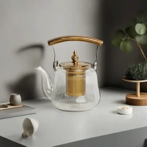 Transparent Glass Teapot With Golden Handle & Strainer1