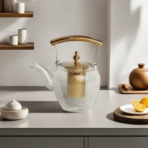 Transparent Glass Teapot with Golden Strainer & Lid1
