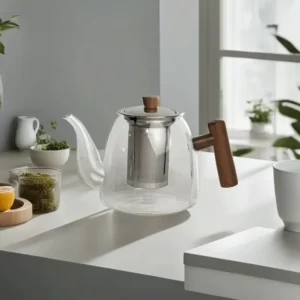 Transparent Glass Teapot With Silver Strainer & Wooden Handle1