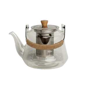 Transparent Glass Tea pot with Wooden Handle & Silver Strainer