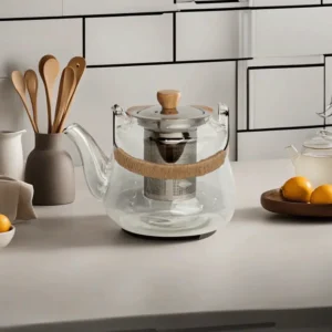 Transparent Glass Teapot with Wooden Handle & Silver Strainer1