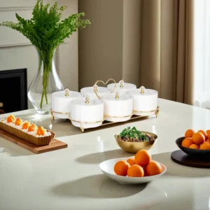 Glass White 6 Sections Serving Set with Lids & Iron Stand1