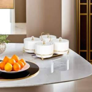 Glass White Round 4 Sections Serving Set with Lids & Iron Stand1