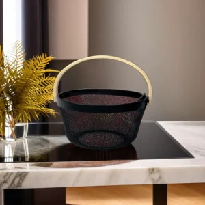 Iron Fruits Black Basket with Wooden Handle1