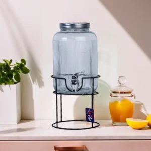 Transparent 4L Patterned Glass Beverage Dispenser wth Iron Stand1