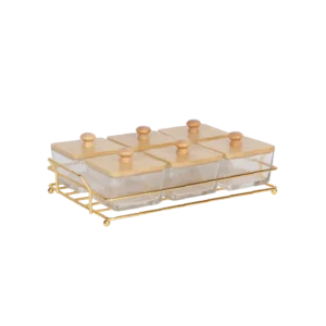 Transparent 6-Sections Serving Set with Wooden Lids & Iron Stand