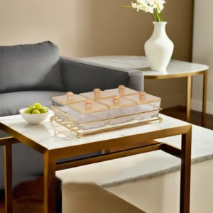 Transparent 6 Sections Serving Set with Wooden Lids & Iron Stand1