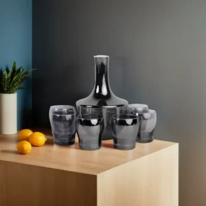 Transparent 7Pcs Black Glass Decenter with Lid & Cups1