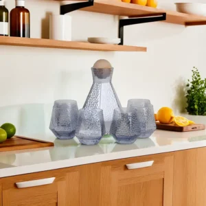 Transparent 7Pcs Ribbed Black Glass Carafee with Lid & Cups1