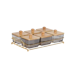 Transparent Black 6-Sections Serving Set with Wooden Lids & Iron Stand
