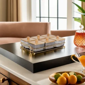 Transparent Black 6 Sections Serving Set with Wooden Lids & Iron Stand1