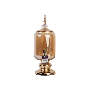 Transparent Golden Barrel-Shaped Glass Beverage Dispenser with Golden Iron Base