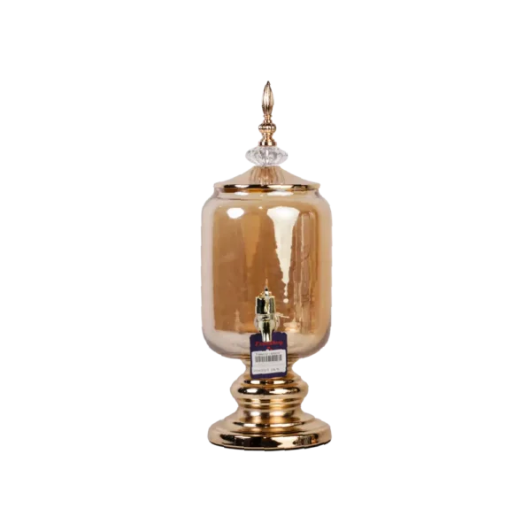 Transparent Golden Barrel Shaped Glass Beverage Dispenser With Golden Iron Base