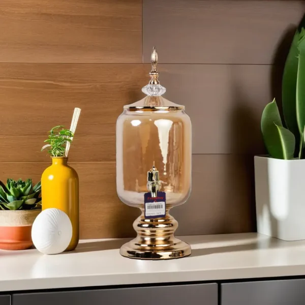 Transparent Golden Barrel Shaped Glass Beverage Dispenser With Golden Iron Base1