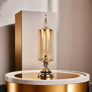 Transparent Large Cylindrical Golden Glass Beverage Dispenser with Golden Base1