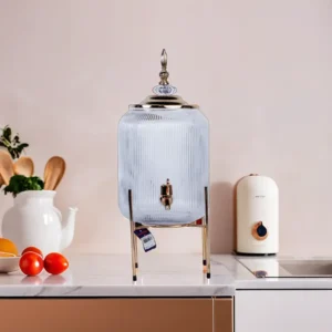 Transparent Patterned Glass Beverage Dispenser wth Golden Iron Stand1