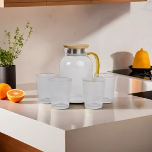 Transparent Round Stripped 5Pcs Jug with Cups1