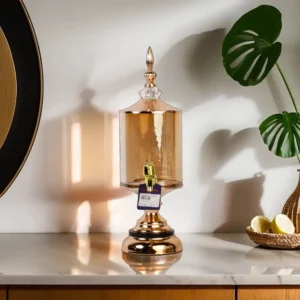 Transparent Small Cylindrical Golden Glass Beverage Dispenser with Golden Base1