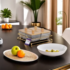 Transparet Black 4 Sections Serving Set with Wooden Lids & Iron Stand1