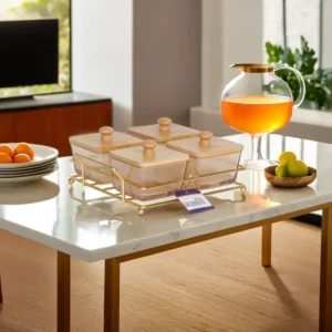 Transparet Golden 4 Sections Serving Set with Wooden Lids & Iron Stand1