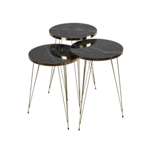 Wooden 3 Pcs Circular Tables Black & White Marble Design Set