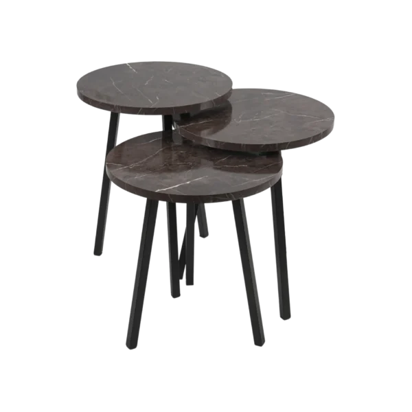 Wooden 3 Pcs Circular Tables Brown & White Marble Design Set 