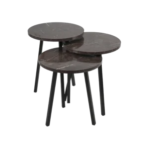 Wooden 3 Pcs Circular Tables Brown & White Marble Design Set